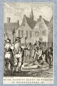 32332 Afbeelding van de waardgelders die op bevel van prins Maurits, links vooraan, hun wapens neerleggen op de Neude ...